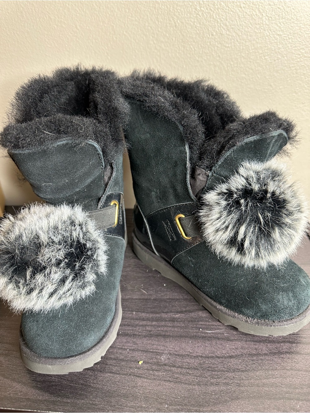 UGG Black Suede Winter Boots with Faux Fur Pom-Poms